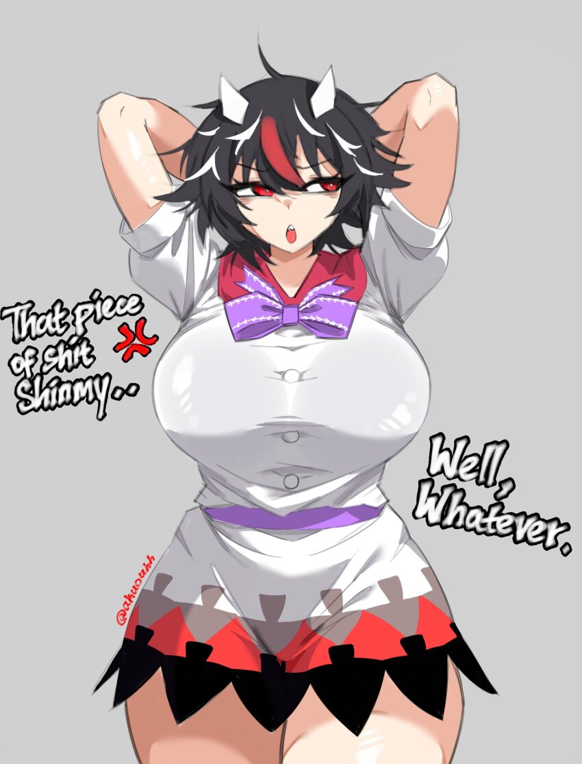 1girl, ahoge, akuouhh, anger_vein, arms_behind_head, arms_up, arrow_print, black_hair