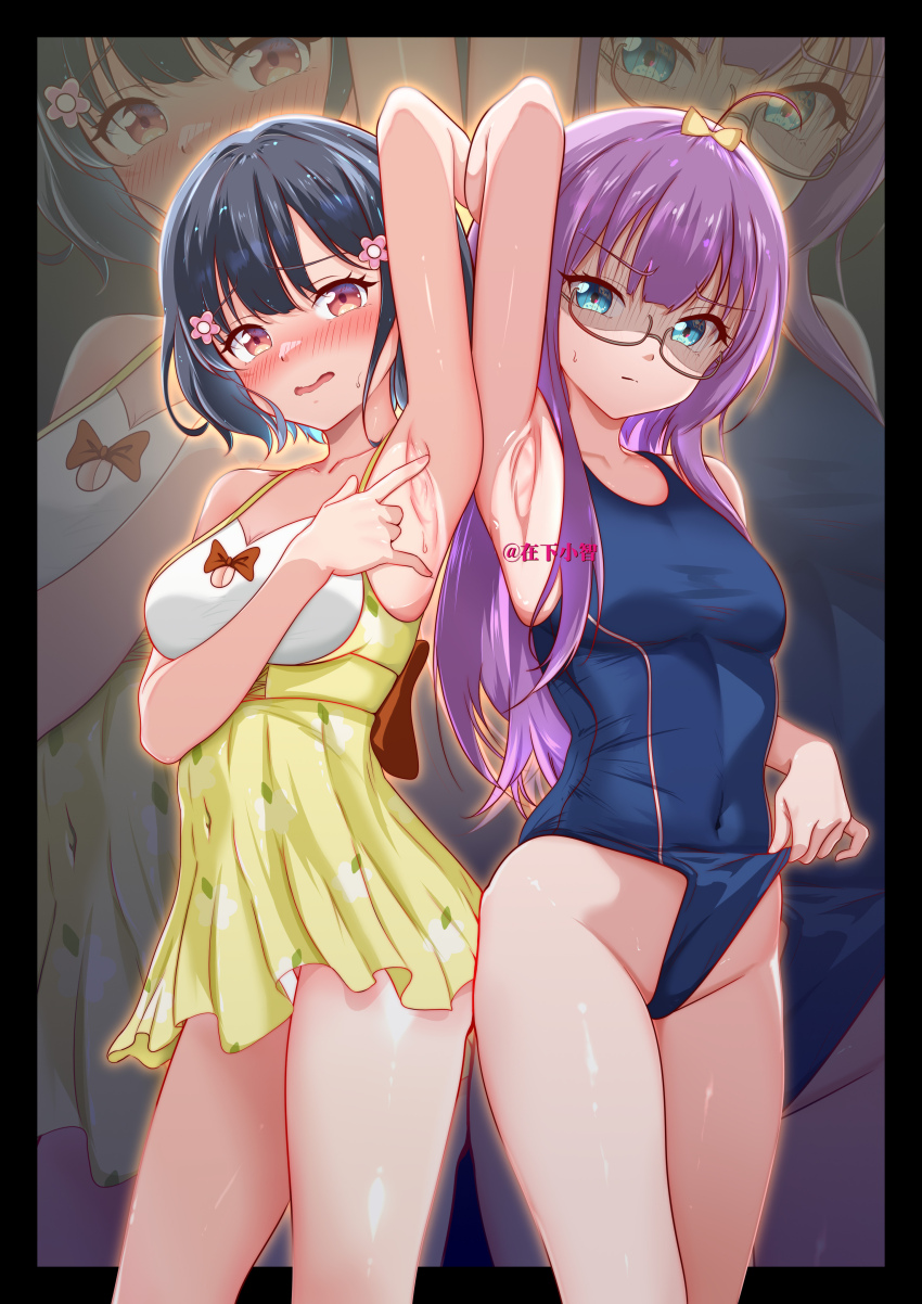 absurdres, annoyed, armpit_crease, armpits, black_hair, blue_one-piece_swimsuit, blush, bow, breasts, call_up_girls, commentary_request, dress, frilled_dress, frills, hair_bow, hair_ornament, highres, long_hair, looking_at_viewer, multiple_girls, one-piece_swimsuit, pink_eyes, pulling_own_clothes, purple_hair, semi-rimless_eyewear, short_dress, short_hair, small_breasts, sun_zhiya, swimsuit, xiaozhi, ye_xi