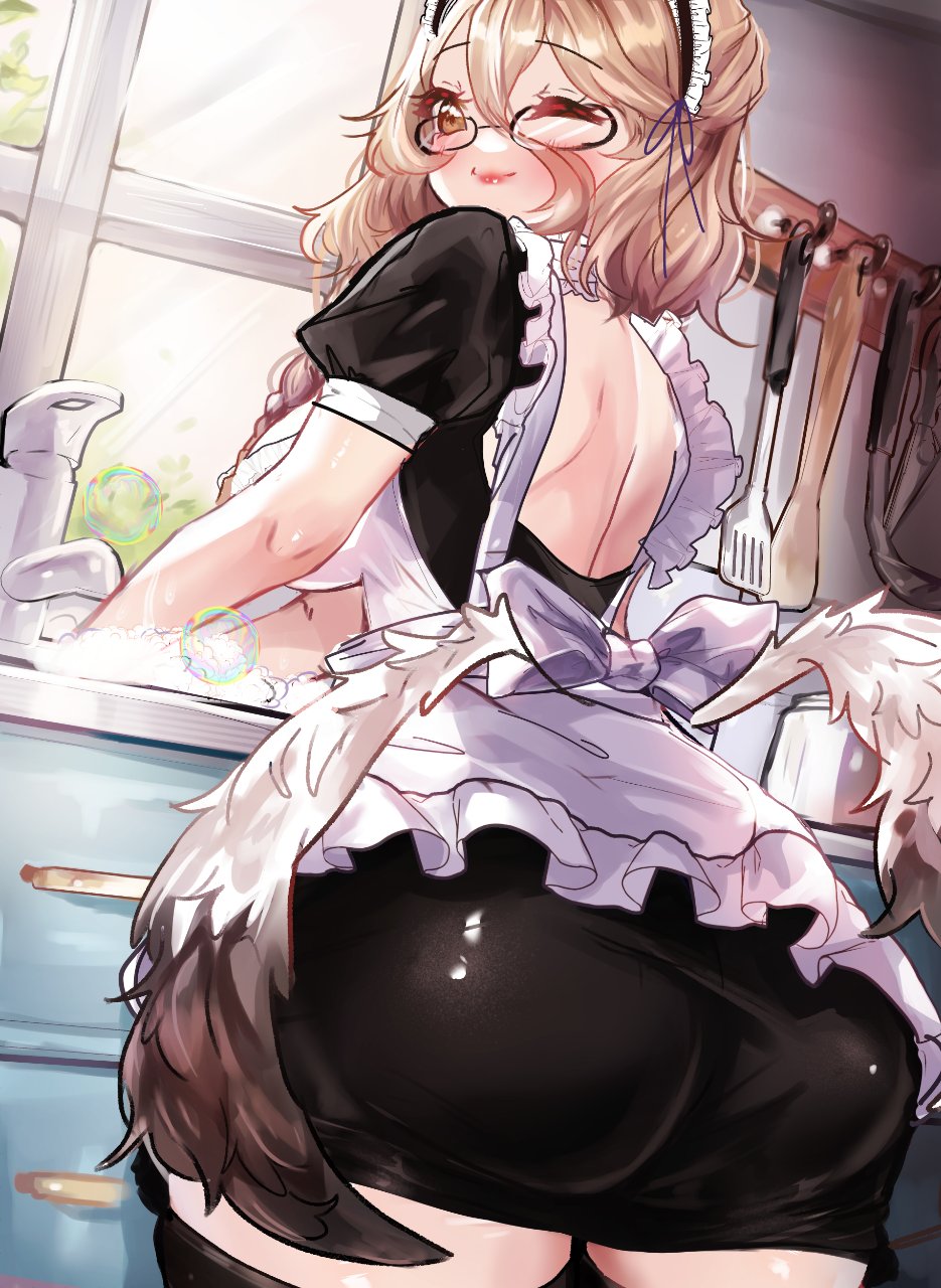 1girl, angstowo, apron, ass, black_dress, brown_eyes, bubble, closed_mouth