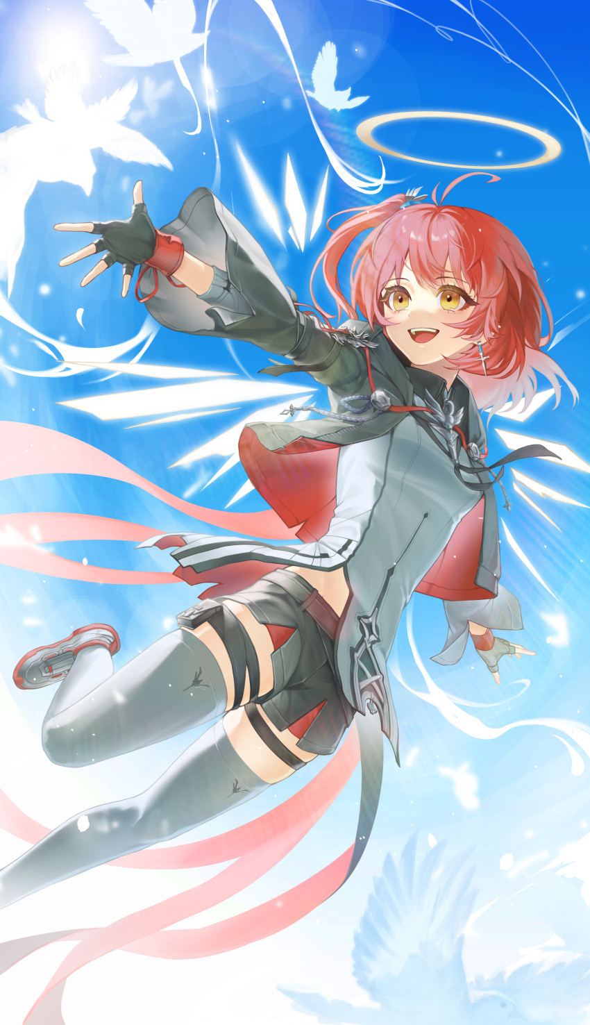 1girl, absurdres, arknights, black_gloves, black_jacket, black_shorts, blue_sky, commentary