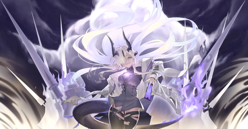 1girl, absurdres, arknights, black_dress, black_horns, black_shirt, black_thighhighs, blonde_hair