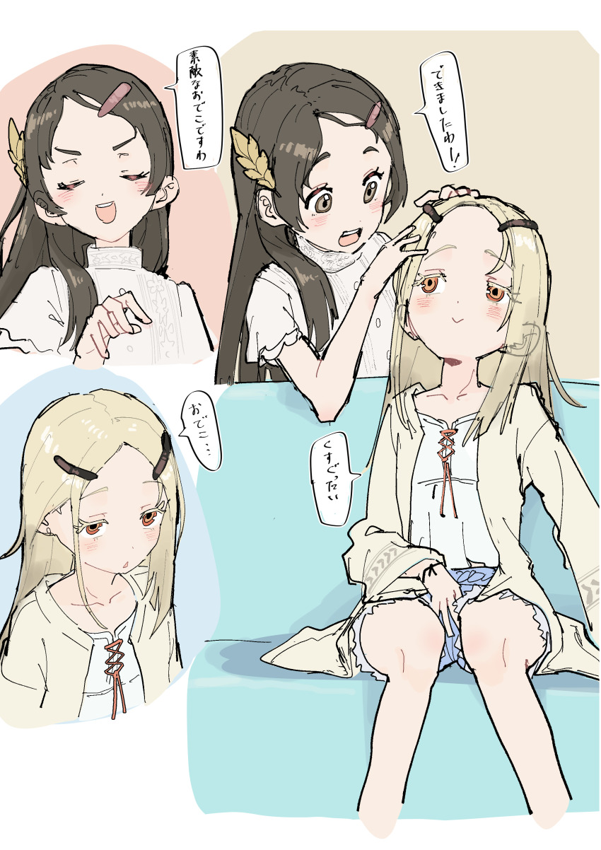 2girls, absurdres, amohassan, blonde_hair, blue_shorts, blush, brown_eyes, brown_hair