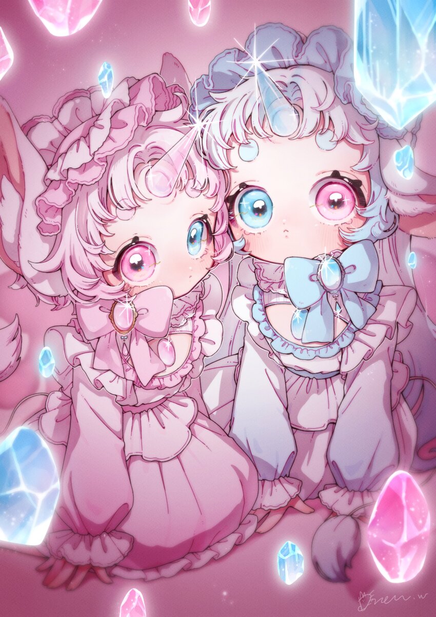 2girls, :<, absurdres, blue_bow, blue_dress, blue_eyes, blue_hair, blush