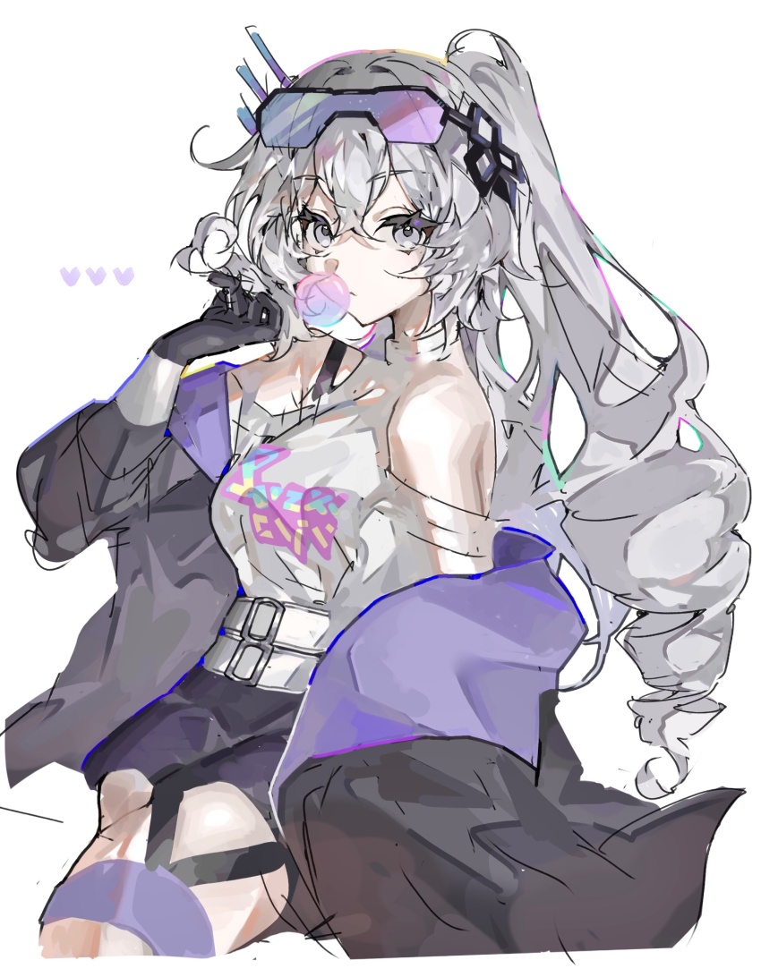 1girl, bare_shoulders, belt, black-framed_eyewear, black_gloves, black_jacket, black_shorts, blue-tinted_eyewear