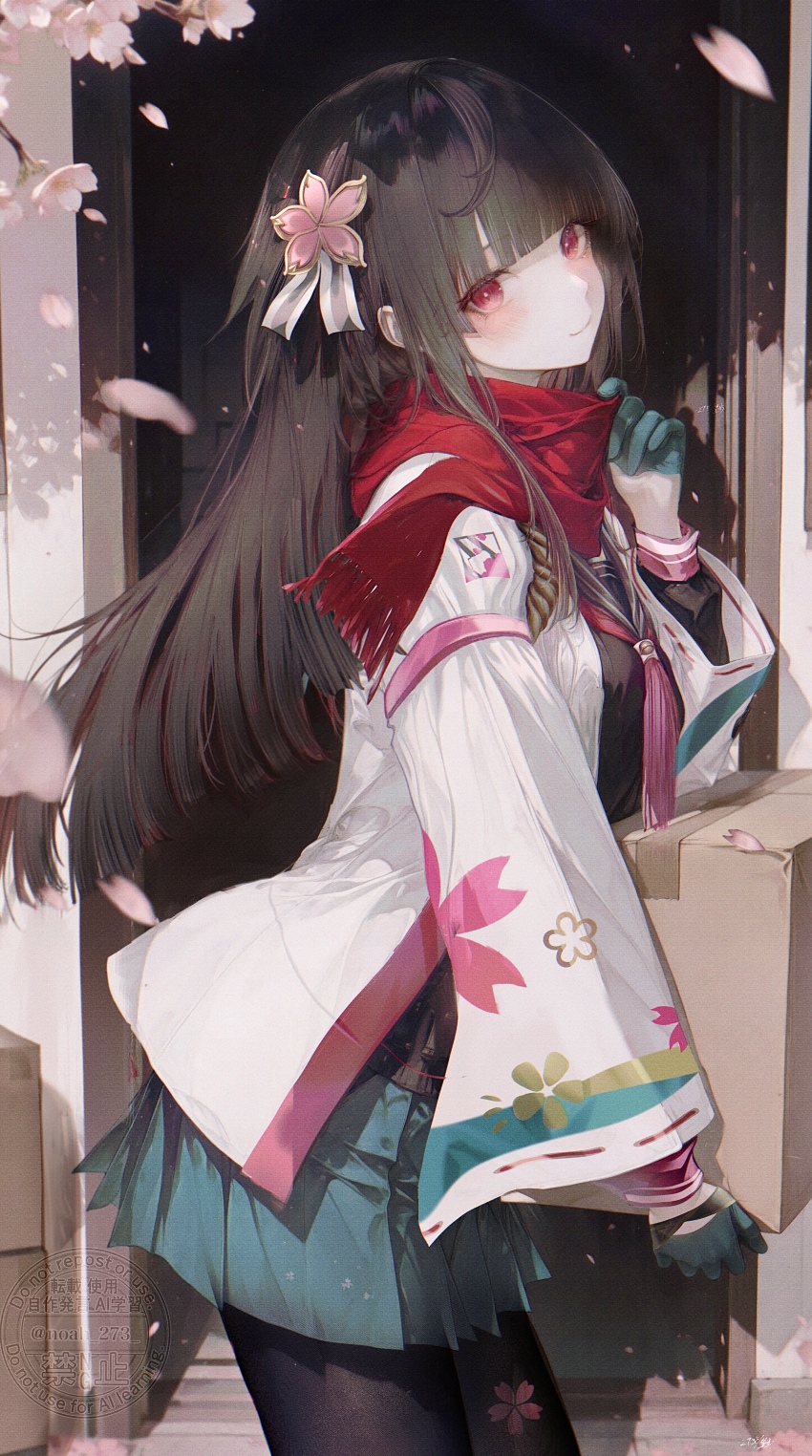1girl, absurdres, ahoge, black_hair, black_serafuku, box, cardboard_box, cherry_blossoms