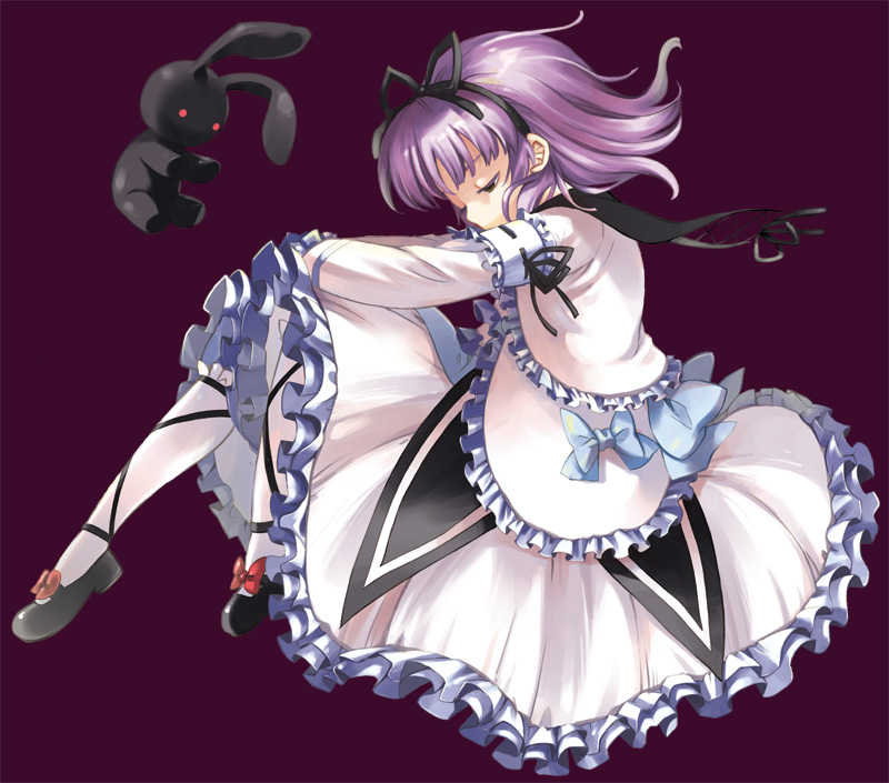 1girl, ankle_lace-up, aro_s, bow, dress, eiyuu_densetsu, falcom, female_focus, frilled_dress, frills, hairband, purple_hair, renne_(eiyuu_densetsu), shimakusa_arou, short_hair, solo, sora_no_kiseki, stuffed_animal, stuffed_rabbit, stuffed_toy