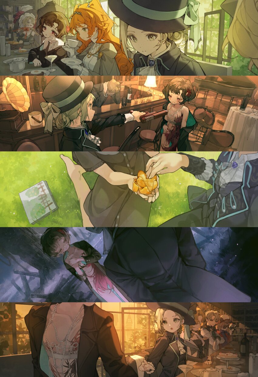 1920s_fashion, 3girls, 6+girls, absurdres, apple_(reverse:1999), bleeding, blood, blood_on_body