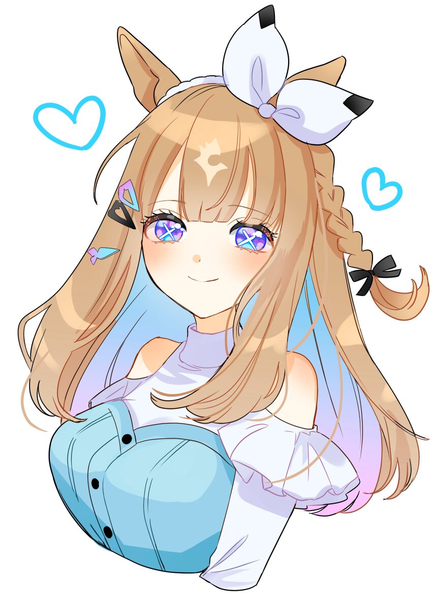 +_+, 1girl, absurdres, almond_eye_(casual)_(umamusume), almond_eye_(umamusume), animal_ears, bare_shoulders, blue_eyes