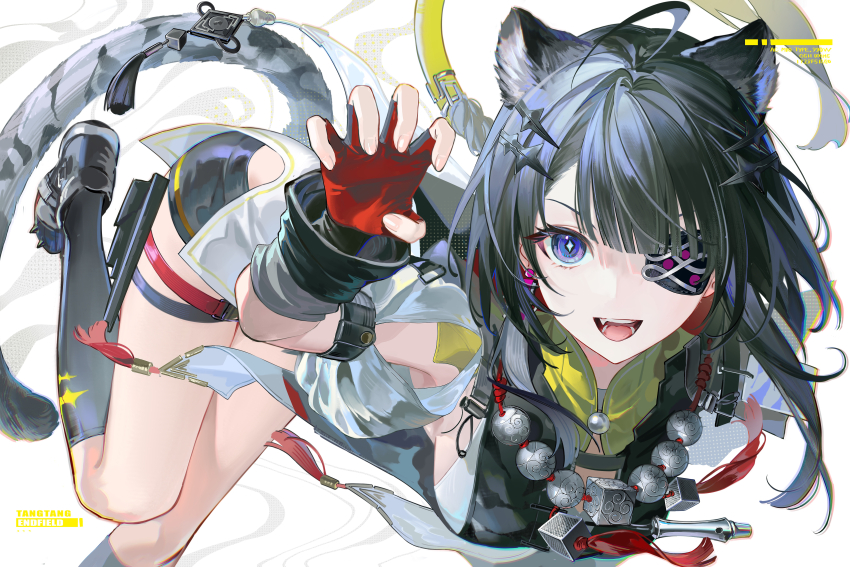 1girl, absurdres, animal_ears, arknights, arknights:_endfield, black_hair, black_socks, blue_eyes