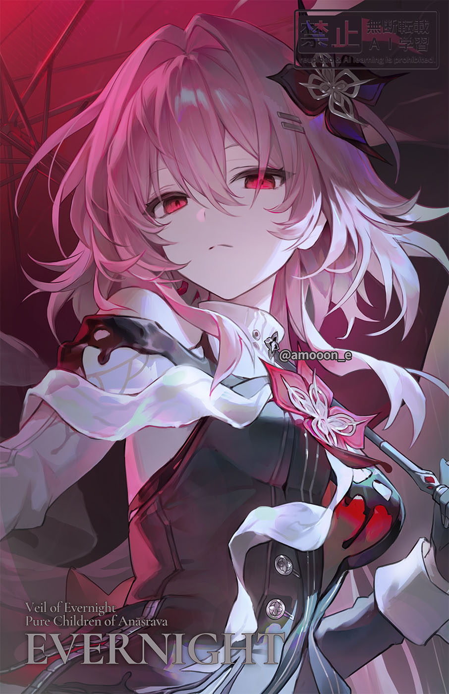 1girl, aamoooon_e, black_dress, black_gloves, breasts, character_name, commentary, dress