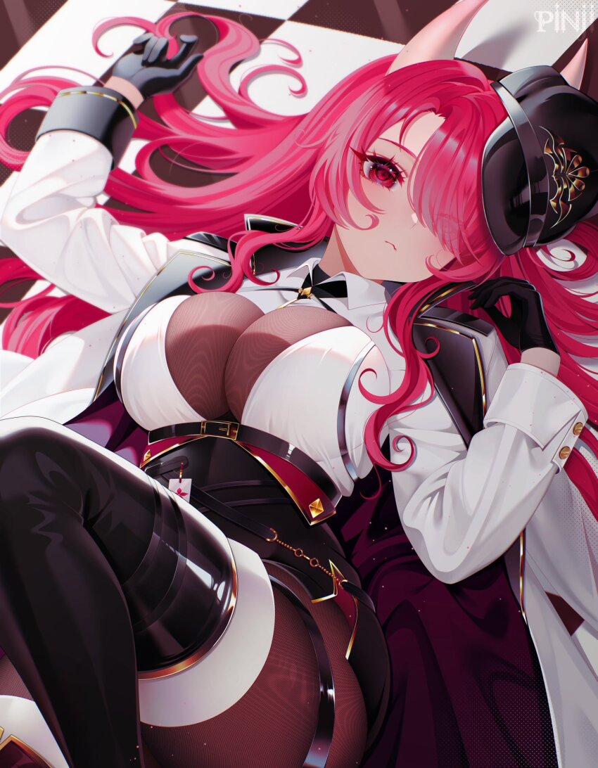 1girl, arm_up, artist_name, belt, black_belt, black_gloves, black_pantyhose, black_skirt