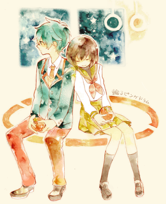 10s, 1boy, 1girl, apple, bad_id, bad_pixiv_id, blazer, blue_hair