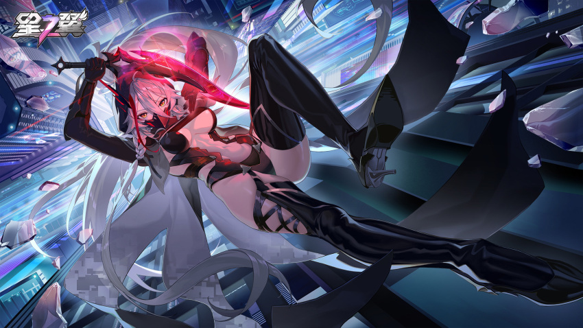 1girl, black_boots, boots, breasts, dagger, falling, from_above, grey_hair