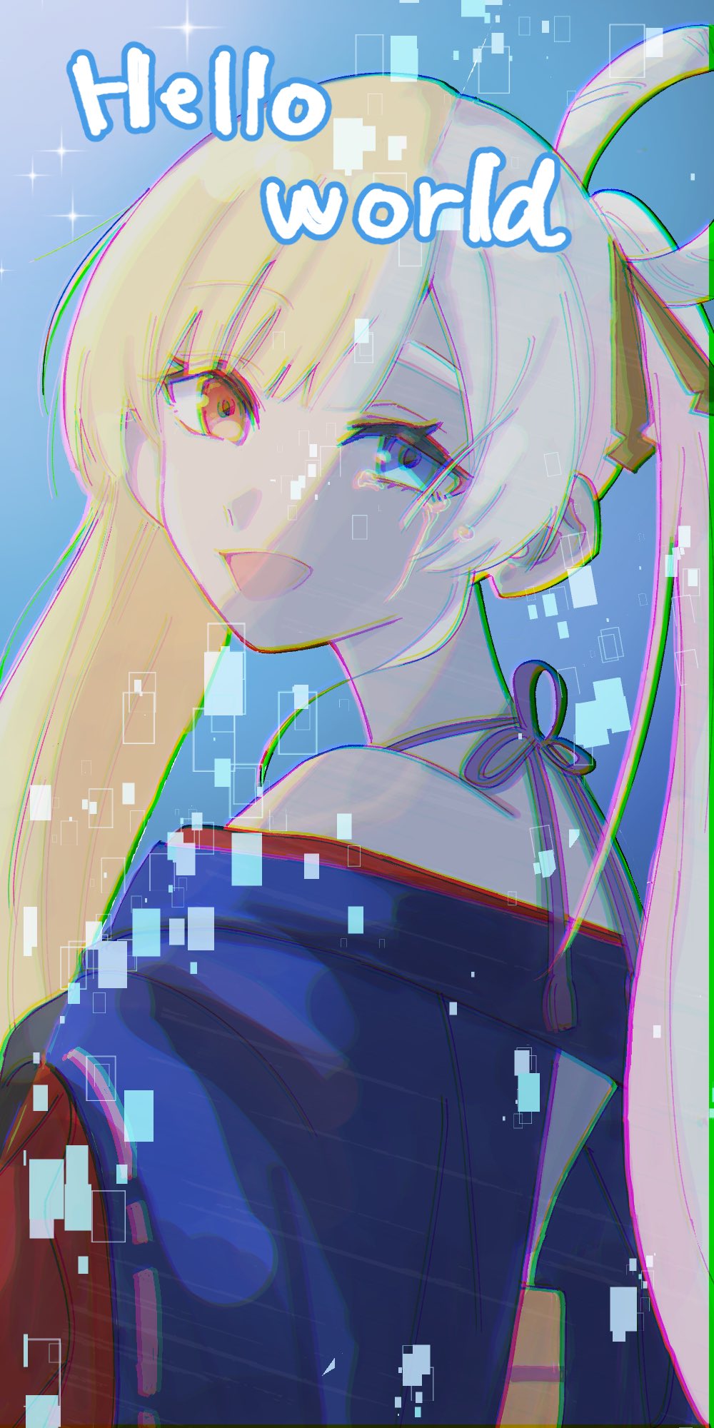 1girl, bare_shoulders, blonde_hair, blue_eyes, blue_kimono, cho_kaguya-hime!, chromatic_aberration, commentary