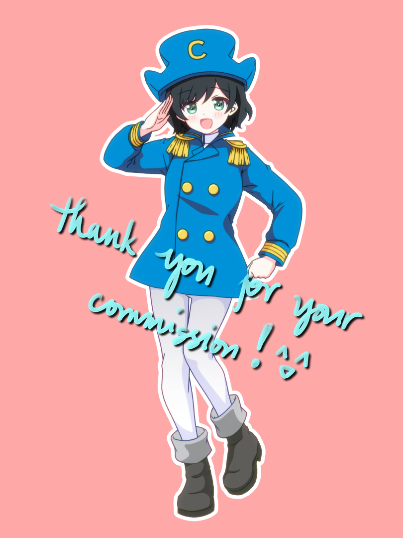 1girl, alternate_costume, black_boots, black_hair, blue_hat, blue_jacket, bnelsey, boots, buttons, cap'n_crunch, cap'n_crunch_(cosplay), commentary, commission, cosplay, double-breasted, english_commentary, epaulettes, fringe_trim, full_body, green_eyes, hat, jacket, long_sleeves, looking_at_viewer, medium_hair, murasa_minamitsu, open_mouth, outline, pants, pink_background, quaker_oats, simple_background, smile, solo, touhou, white_outline, white_pants