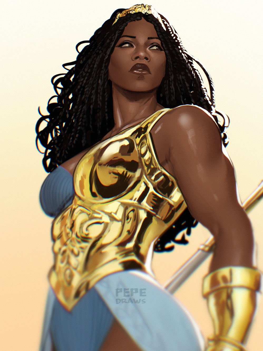 1girl, armor, artist_name, black_hair, blue_dress, blurry, box_braids, bracer