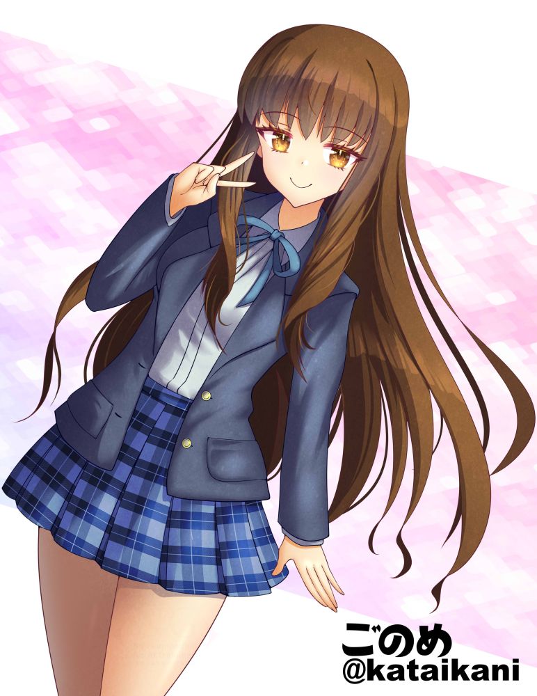 1girl, blue_skirt, blush, breasts, brown_eyes, brown_hair, commentary_request, degudoga