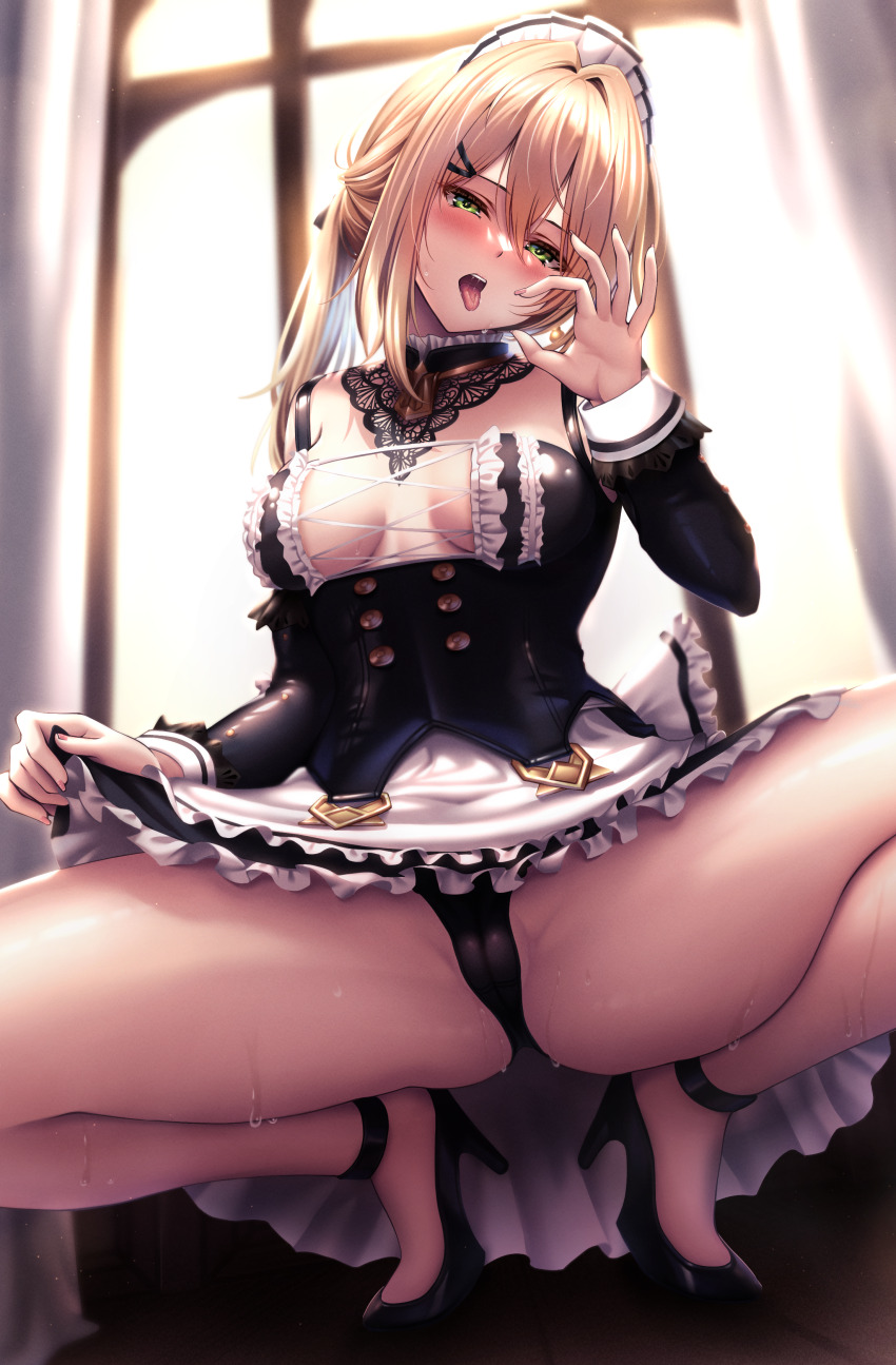 1girl, :o, absurdres, ankle_strap, apron, bare_legs, black_dress, black_panties, blush, breasts, buttons, clothes_lift, commentary_request, double-breasted, dress, dress_lift, frilled_dress, frills, full_body, girls'_frontline, girls'_frontline_2:_exilium, hair_between_eyes, hair_ornament, hairclip, half-closed_eyes, hand_up, head_tilt, high_heels, highres, indoors, legs, lifting_own_clothes, looking_at_viewer, maid_headdress, medium_breasts, medium_hair, no_bra, panties, ponytail, sextans_(girls'_frontline_2), solo, spread_legs, squatting, thighs, tiptoes, tongue, tongue_out, underwear, waist_apron, white_apron, xlscaler