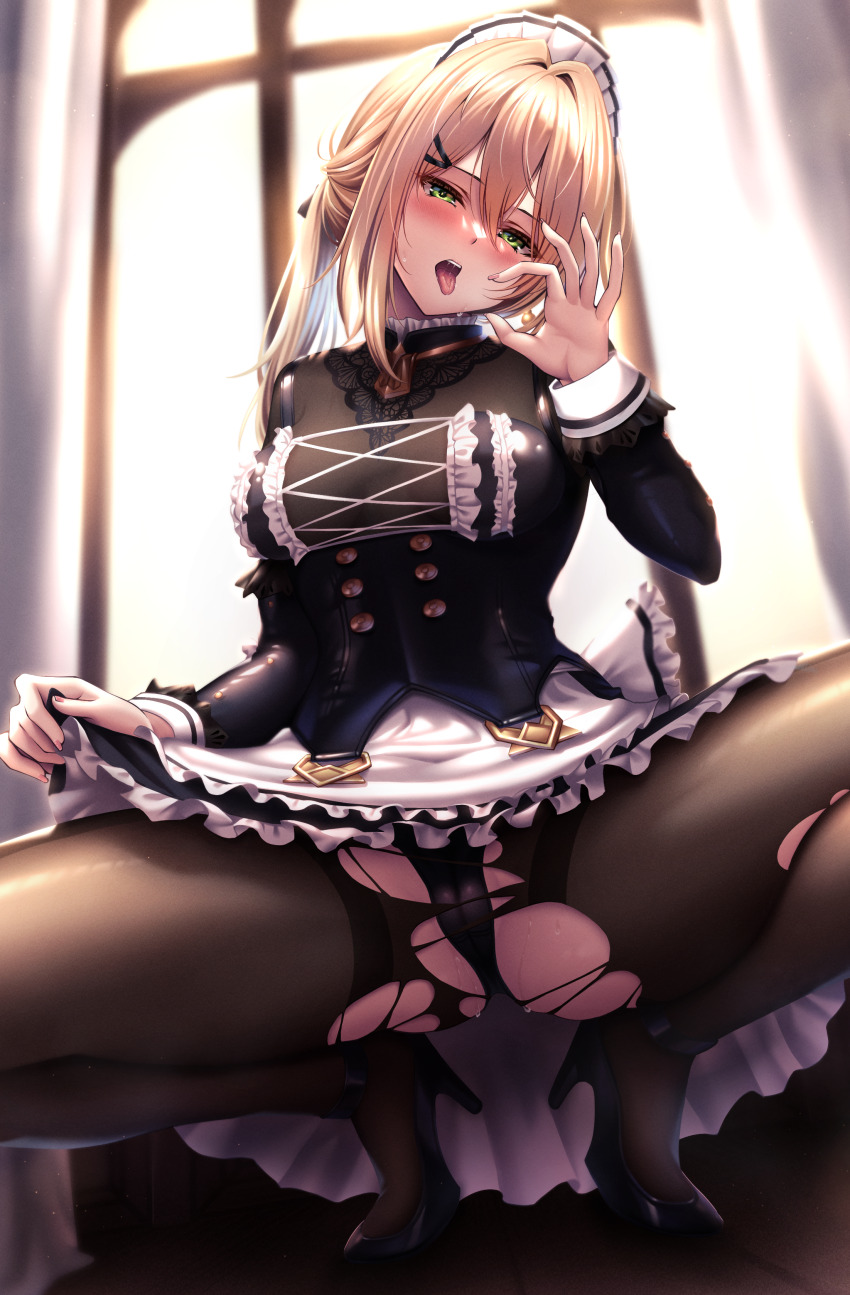 1girl, :o, absurdres, ankle_strap, apron, black_dress, black_panties, blush