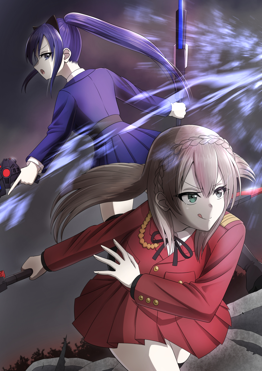 2girls, :q, absurdres, aiguillette, animal_ears, assault_lily, belt, black_belt