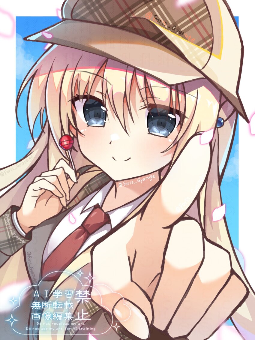 1girl, blonde_hair, blue_background, blue_eyes, blush, border, brown_jacket, candy