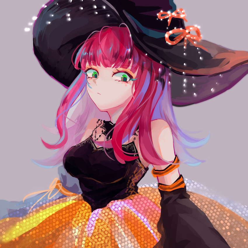 1girl, alternate_costume, black_dress, black_hat, breasts, commentary, dress, frilled_dress