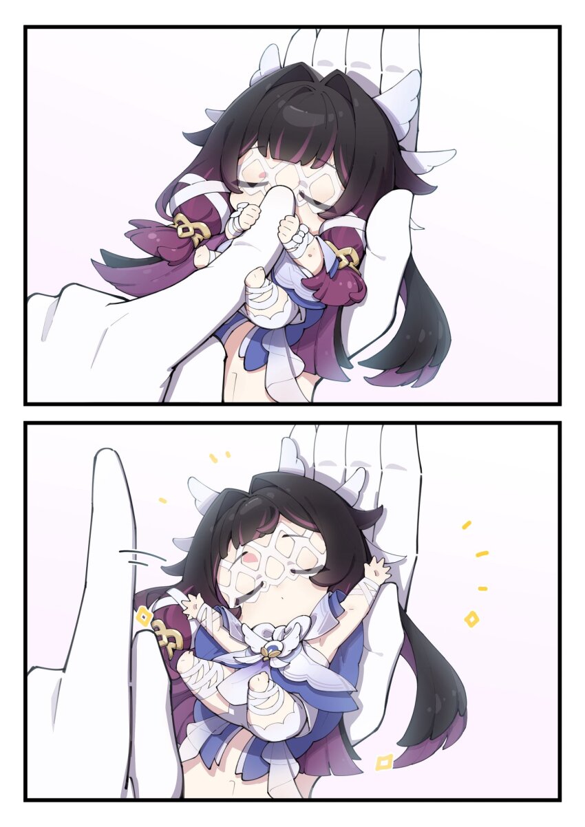 black_hair, bow, chibi, closed_eyes, closed_mouth, columbina_(genshin_impact), commentary_request, dress