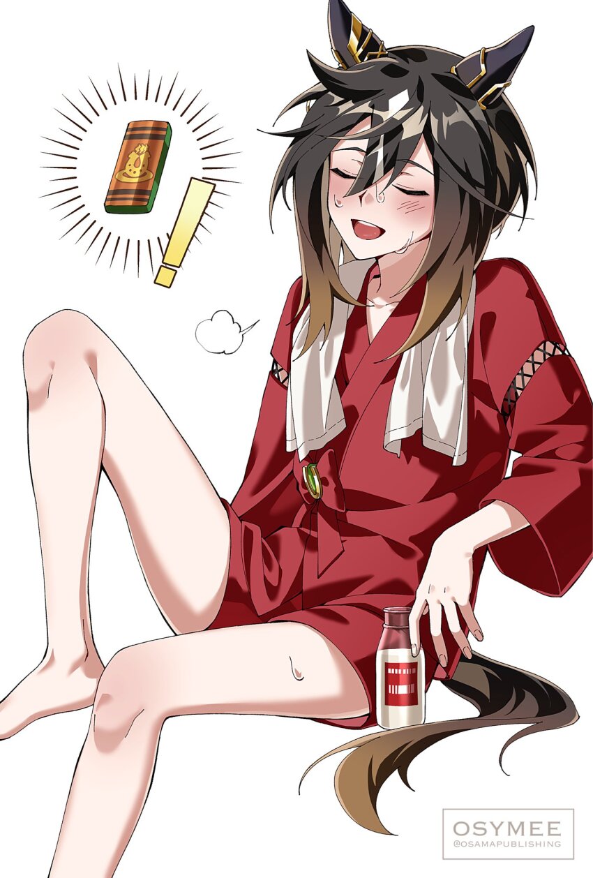 !, 1girl, animal_ears, black_hair, blush, bottle, brown_hair, closed_eyes, ear_covers, hair_between_eyes, highres, horse_ears, horse_girl, horse_tail, japanese_clothes, kimono, long_hair, milk_bottle, multicolored_hair, open_mouth, osamapublishing, red_kimono, simple_background, sitting, smile, solo, stay_gold_(umamusume), streaked_hair, tail, towel, towel_around_neck, umamusume, white_hair