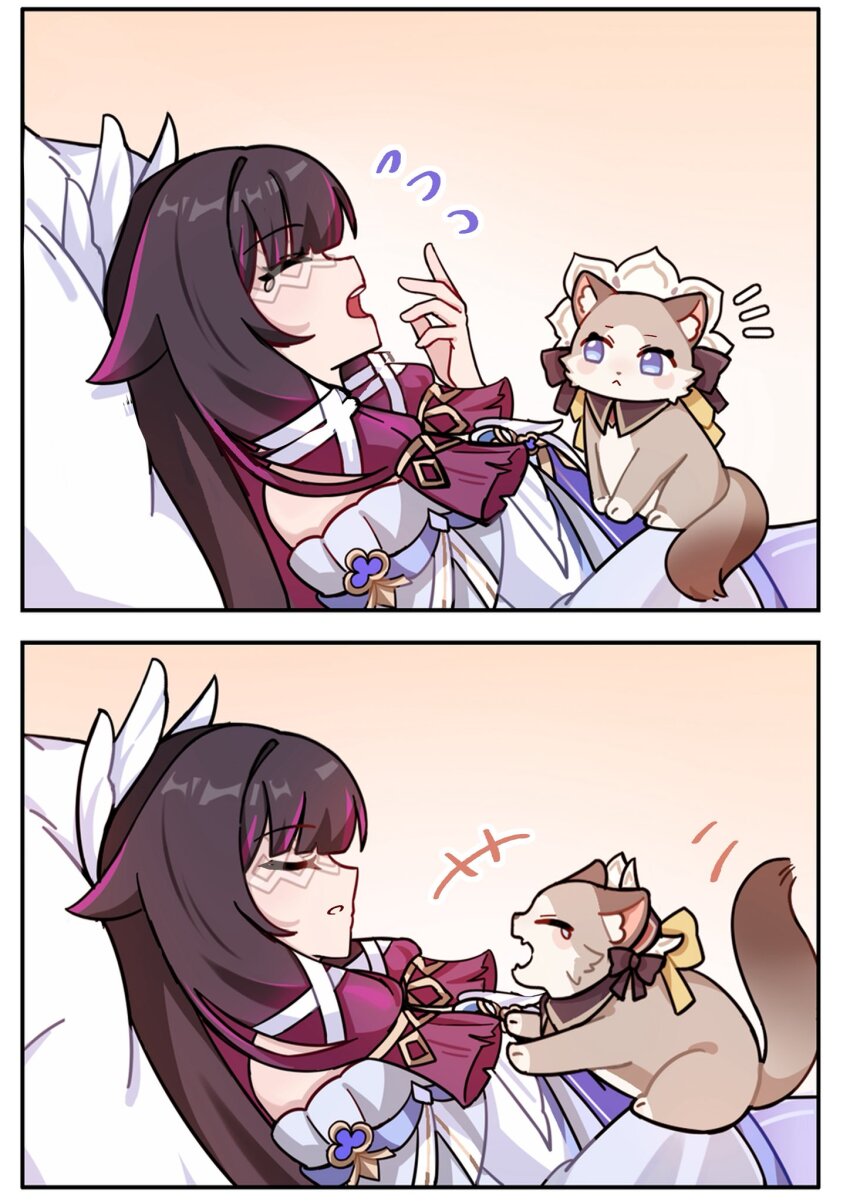 animalization, bare_shoulders, black_bow, black_hair, blue_eyes, bonnet, bow, cat