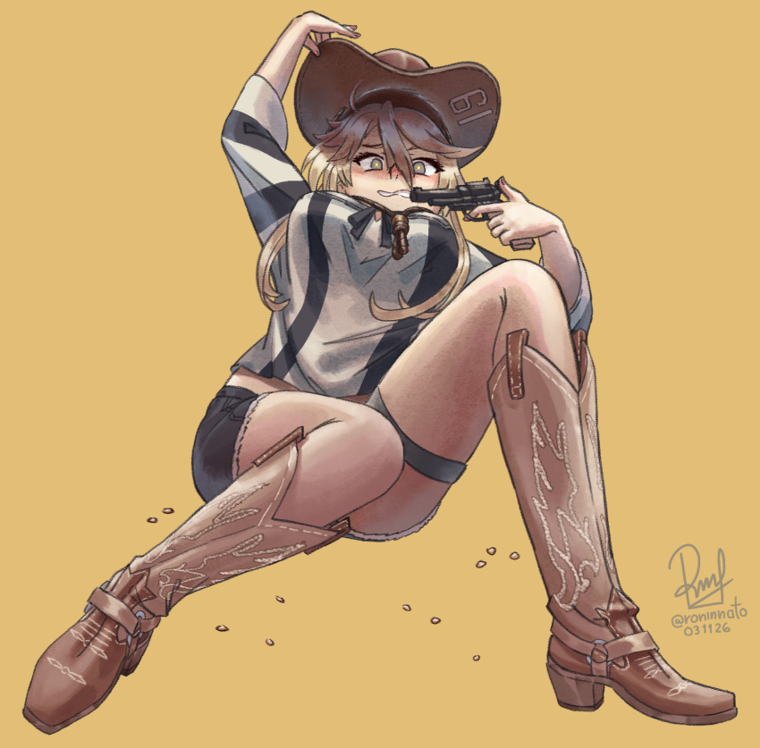 beans, black_shoes, blonde_hair, blue_eyes, boots, breasts, brown_background, brown_hat