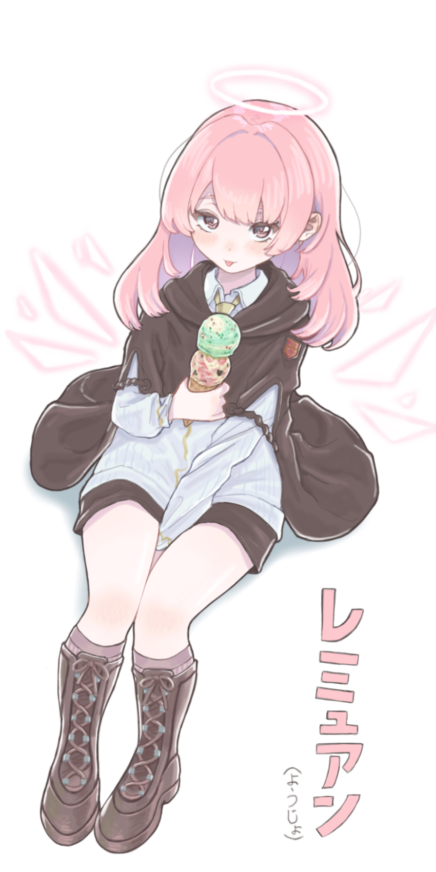 1girl, :p, absurdres, aged_down, arknights, between_legs, black_cloak, blush