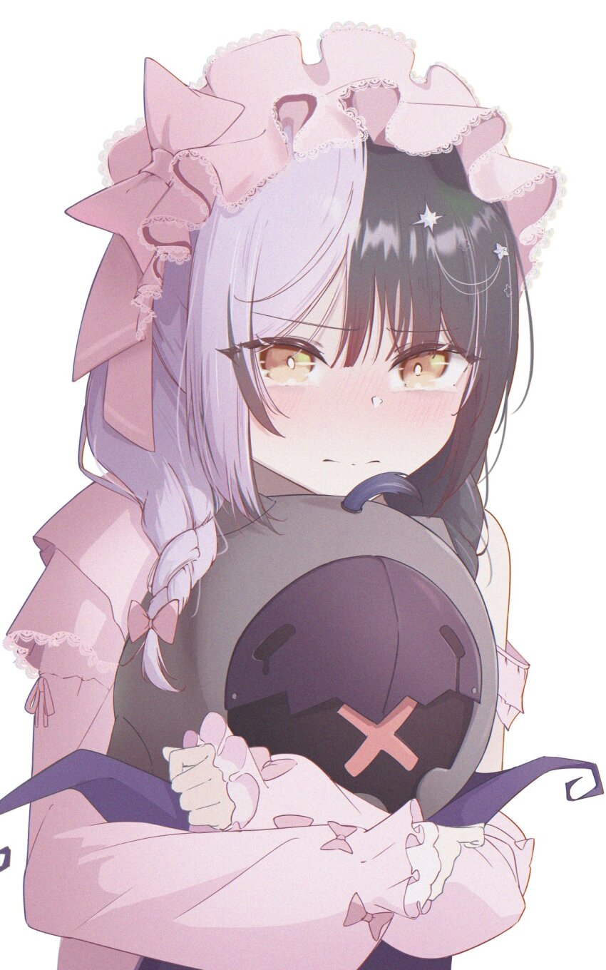1girl, aesfixcia, black_hair, bow, braid, bright_pupils, closed_mouth, coat, crying, crying_with_eyes_open, frilled_hairband, frills, grey_hair, hair_bow, hair_ornament, hairband, hashtag-only_commentary, highres, hololive, hololive_english, lace_trim, long_hair, long_sleeves, looking_at_viewer, low_twin_braids, multicolored_hair, novelites_(shiori_novella), official_alternate_costume, official_alternate_hairstyle, pink_bow, pink_coat, pink_hairband, shiori_novella, shiori_novella_(pajamas), simple_background, sleepwear, sleeves_past_wrists, solo, split-color_hair, split_mouth, star_(symbol), star_hair_ornament, tears, twin_braids, two-tone_hair, upper_body, virtual_youtuber, wavy_mouth, white_background, white_pupils, yellow_eyes