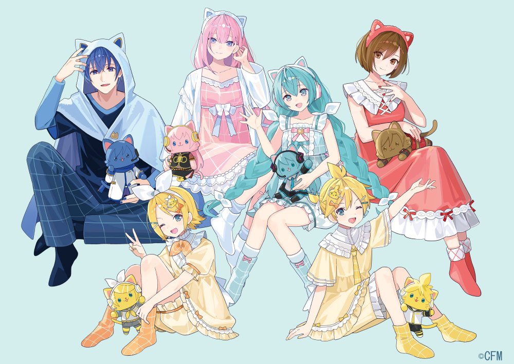 2boys, 4girls, :3, :d, ;d, animal_ear_headphones, animal_ears, animal_hood, animalization, aqua_eyes, aqua_necktie, black_sailor_collar, black_shorts, black_skirt, black_sleeves, blonde_hair, bloomers, blue_eyes, blue_hair, blue_pants, blue_shirt, blue_socks, bow, braid, brown_eyes, brown_hair, cat, cat_ear_headphones, cat_ears, cat_hood, coat, commentary_request, company_name, copyright_notice, cosplay, detached_sleeves, dress, fake_animal_ears, grey_background, grey_shirt, hair_between_eyes, hair_ornament, hairclip, hatsune_miku, hatsune_miku_(cosplay), headphones, headset, hood, jacket, kagamine_len, kagamine_len_(cosplay), kagamine_rin, kagamine_rin_(cosplay), kaito_(vocaloid), kaito_(vocaloid)_(cosplay), long_hair, megurine_luka, megurine_luka_(cosplay), meiko_(vocaloid), meiko_(vocaloid)_(cosplay), multiple_boys, multiple_girls, neckerchief, necktie, no_shoes, official_art, one_eye_closed, open_mouth, pants, parallel_hairclips, person_and_animalization, pink_dress, pink_hair, plaid_clothes, plaid_dress, puffy_short_sleeves, puffy_sleeves, purple_eyes, red_dress, sailor_collar, shirt, short_sleeves, shorts, side_slit, skirt, smile, socks, tobi_(kotetsu), twin_braids, underwear, very_long_hair, vocaloid, white_bow, white_coat, white_jacket, white_socks, yellow_bloomers, yellow_dress, yellow_neckerchief, yellow_necktie, yellow_socks
