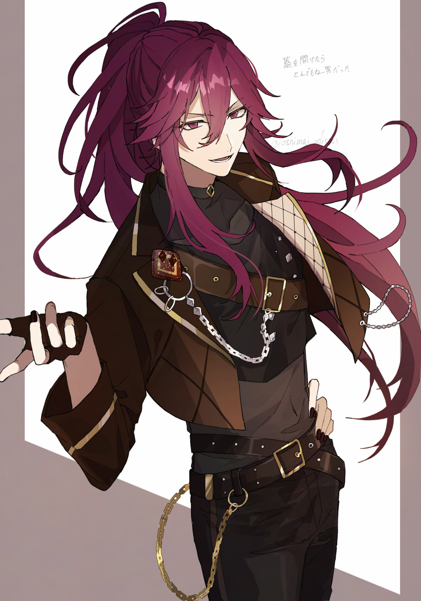 1boy, absurdres, belt, belt_buckle, black_belt, black_gloves, black_jacket, black_nails