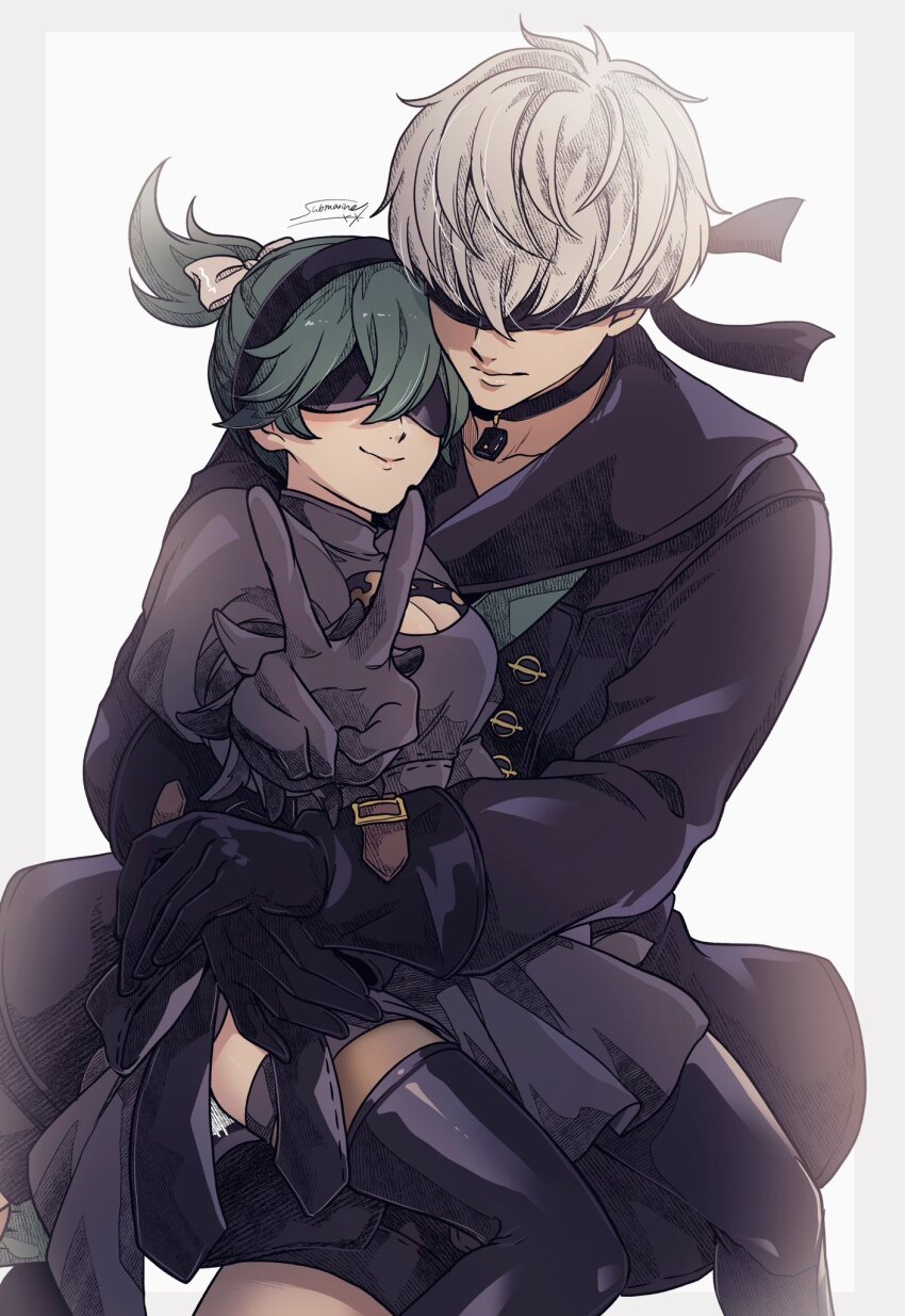 1boy, 1girl, 2b_(nier:automata), 2b_(nier:automata)_(cosplay), 9s_(nier:automata), 9s_(nier:automata)_(cosplay), black_choker, black_dress