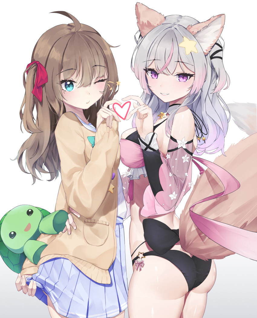 2girls, :d, absurdres, ahoge, animal_ear_fluff, animal_ears, animal_on_ass, annytf