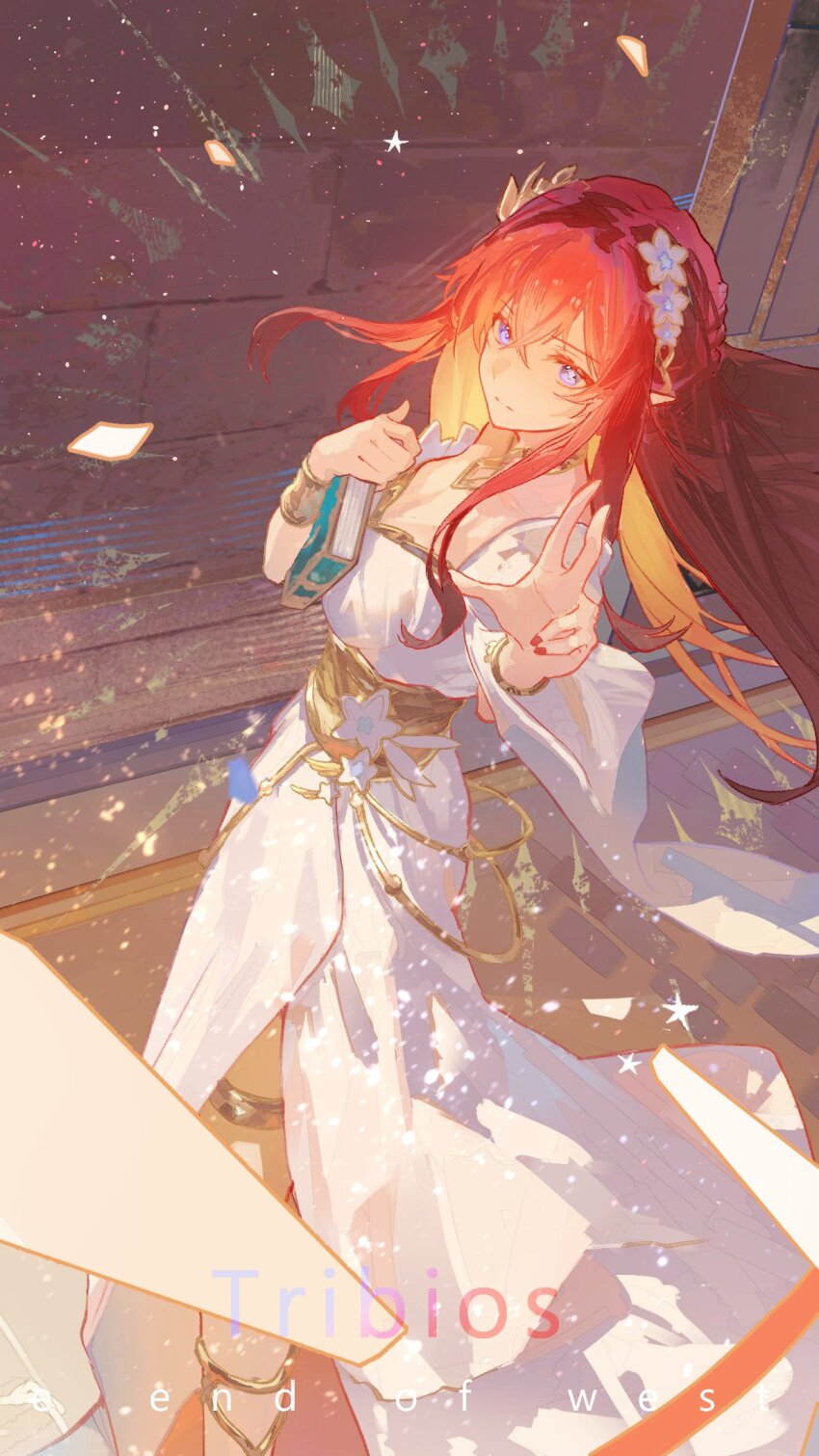 1girl, blue_eyes, book, closed_mouth, dress, flower, highres, holding