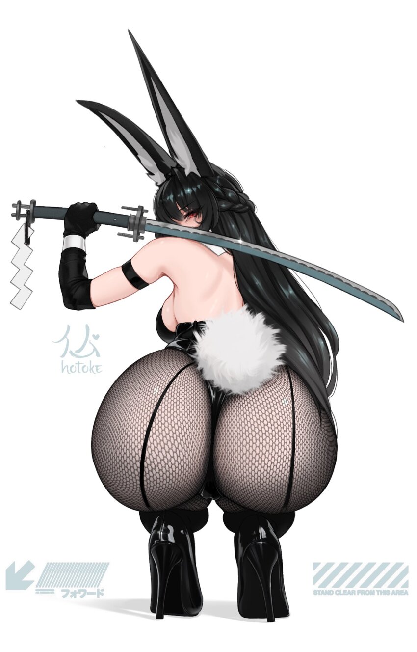 1girl, alternate_costume, animal_ear_fluff, animal_ears, arm_strap, artist_name, ass, bare_shoulders, black_gloves, black_hair, black_leotard, black_shoes, blush, breasts, cleavage, commentary, commentary_request, english_commentary, fake_tail, fishnet_pantyhose, fishnets, fox_ears, fox_girl, from_behind, full_body, gloves, high_heels, highres, holding, holding_sword, holding_weapon, hoshimi_miyabi, hotokeshiz, katana, large_breasts, leotard, long_hair, looking_at_viewer, looking_back, mixed-language_commentary, pantyhose, playboy_bunny, rabbit_tail, red_eyes, shoes, solo, squatting, sword, tail, weapon, white_background, zenless_zone_zero