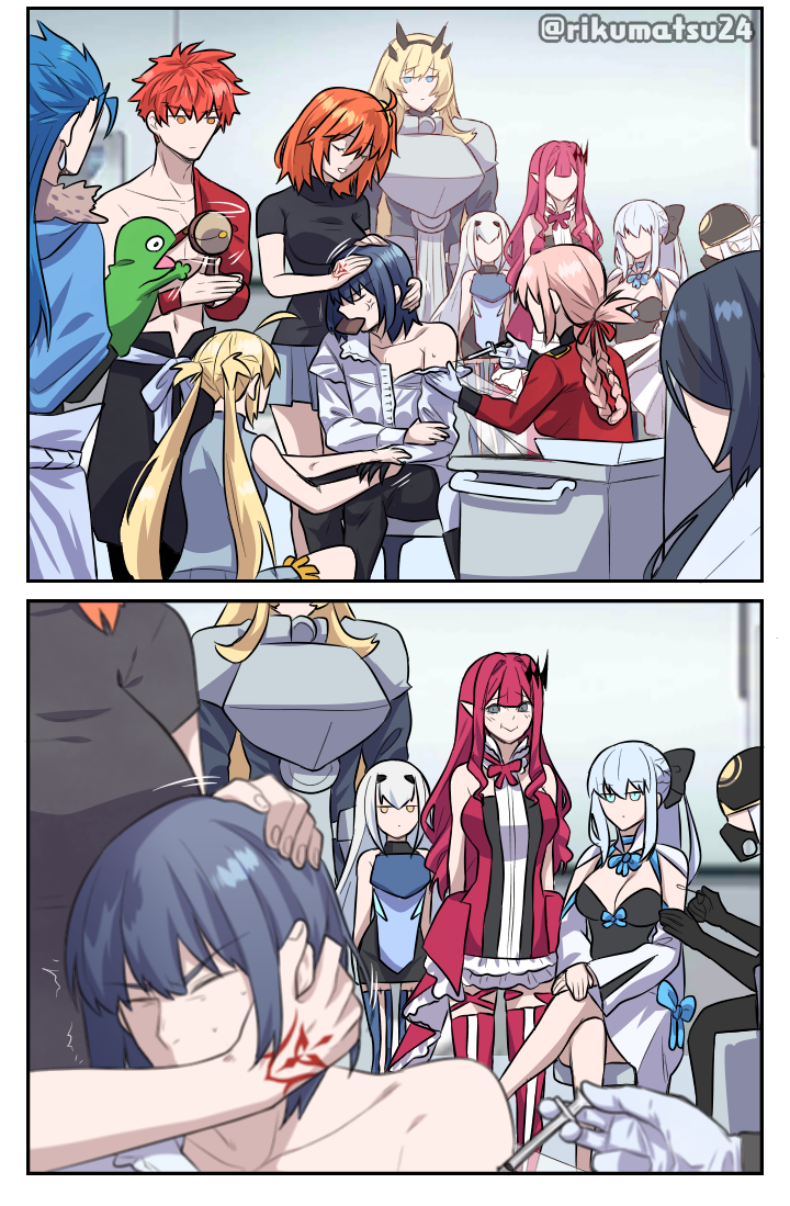 2koma, 5boys, 6+girls, ahoge, armor, artoria_caster_(fate), artoria_caster_(first_ascension)_(fate), artoria_pendragon_(fate)