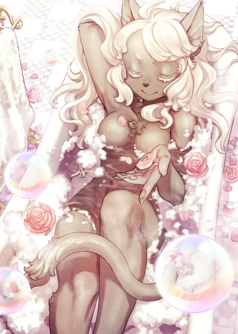 1girl, animal_ears, bath, bathing, bathtub, bubble, cat, cat_ears, cat_girl, cat_tail, checkered_floor, closed_eyes, colored_eyelashes, feet_out_of_frame, flower, from_above, furry, furry_female, little_tail_bronx, long_hair, non-web_source, official_art, partially_submerged, petals, photoshop_(medium), pink_flower, pink_rose, rose, senjou_no_fuuga, short_eyebrows, smile, soap_bubbles, solo, tail, towel, vanilla_muscat, wet