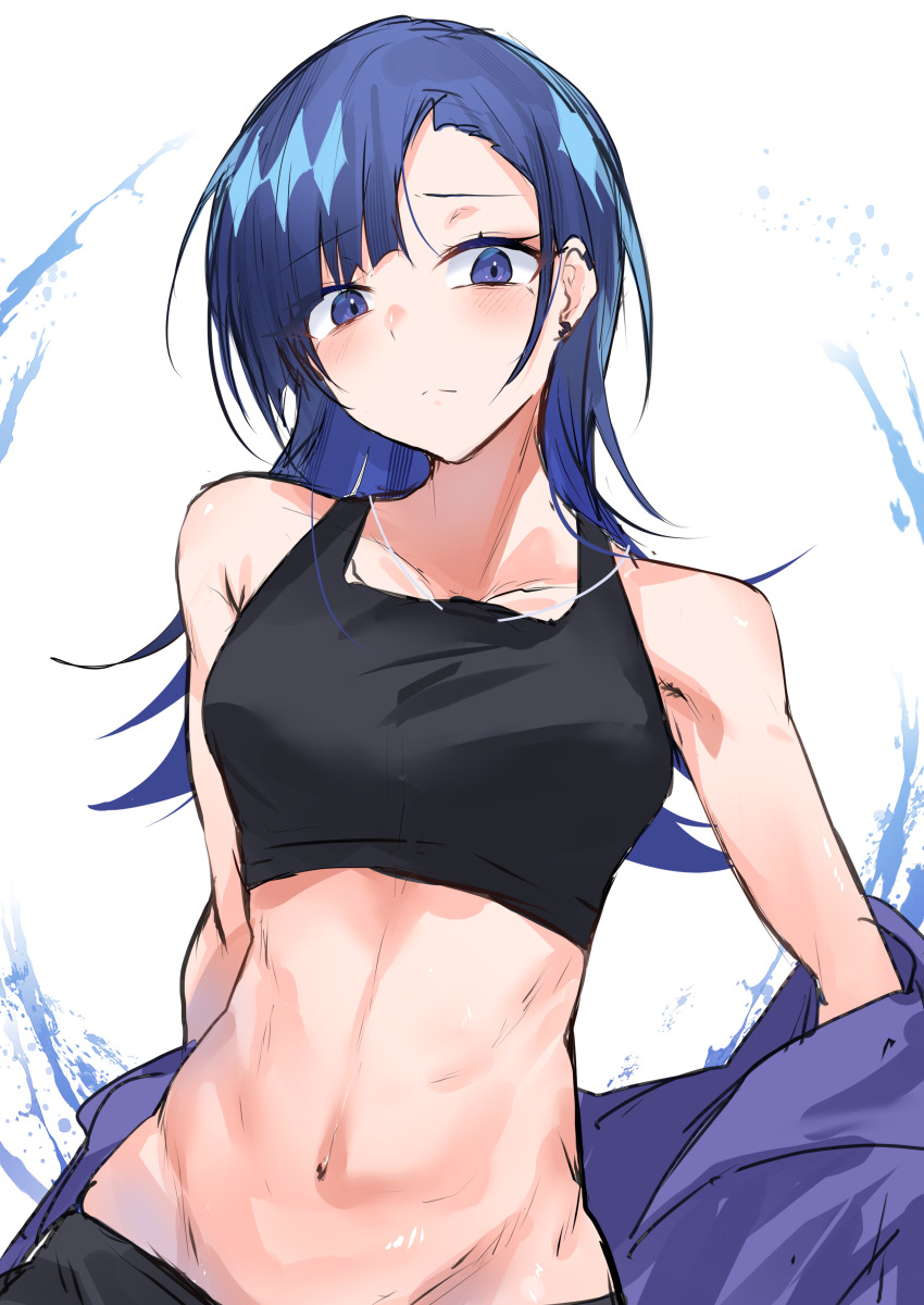 1girl, absurdres, asymmetrical_bangs, bare_shoulders, blue_hair, blush, breasts, closed_mouth
