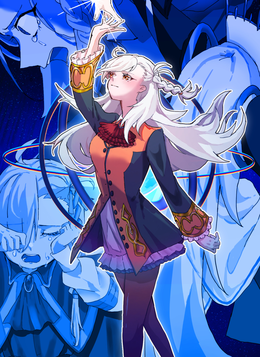 ahoge, ascot, black_pantyhose, braid, closed_eyes, commentary_request, crying, crying_with_eyes_open