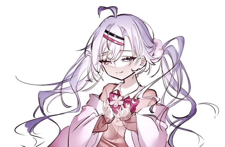 1girl, ahoge, asymmetrical_bangs, bow, bowtie, brown_sweater, commentary_request, grey_eyes, grey_hair, hair_ornament, hair_scrunchie, hairclip, heterochromia, japanese_clothes, kimono, long_hair, murasaki_(reverseblue), official_alternate_costume, pink_kimono, red_bow, red_bowtie, red_eyes, reverseblue_x_re-birthend, scrunchie, solo, sweater, twintails, yoooi_yoiyoi