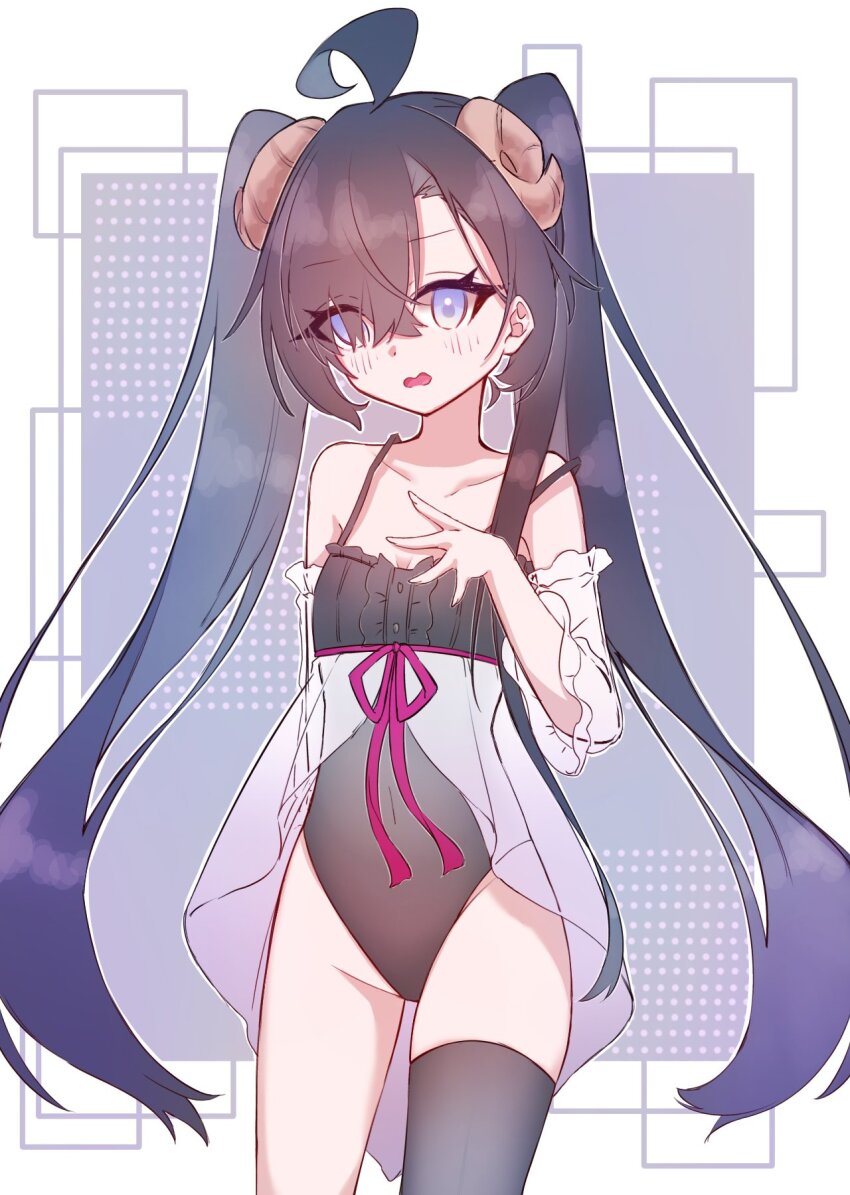 1girl, ahoge, alternate_costume, asymmetrical_bangs, black_leotard, black_thighhighs, commentary_request, demon_horns