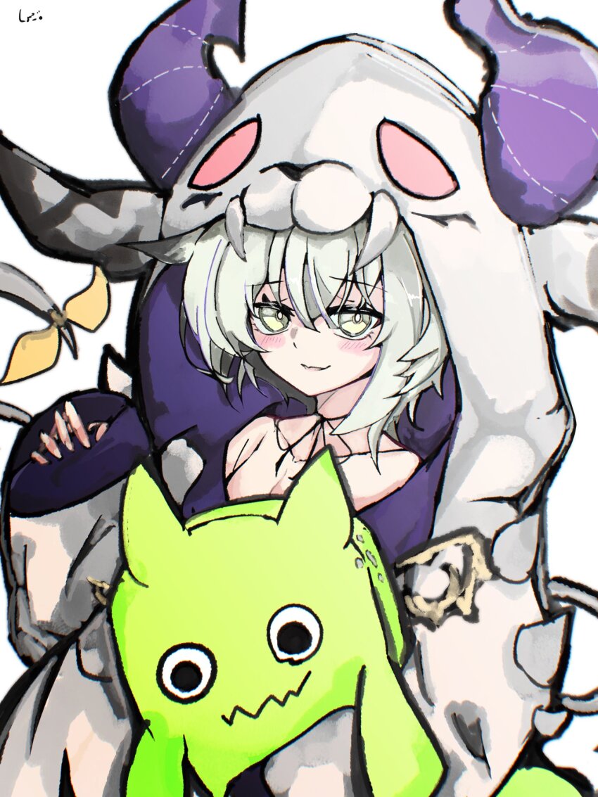 1girl, commentary_request, doll, grey_hair, grey_hoodie, grey_pajamas, haru_(reverseblue), highres