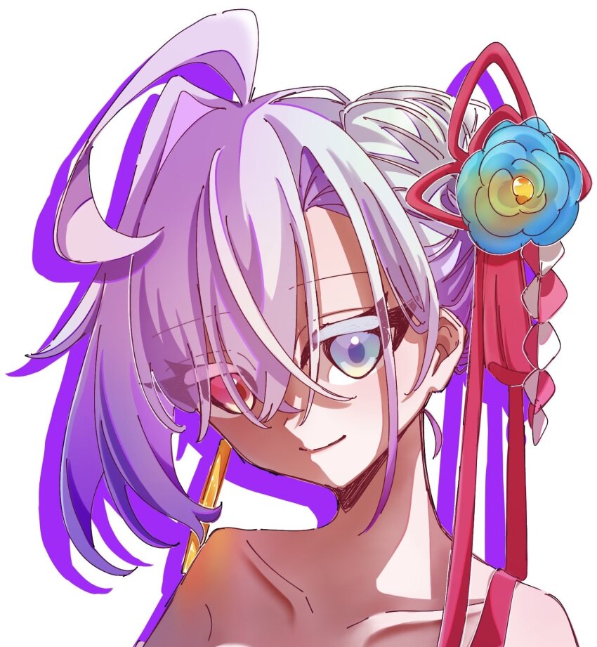 1girl, ahoge, asymmetrical_bangs, blue_flower, commentary_request, earrings, flower, grey_eyes