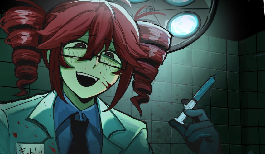 1girl, black_gloves, black_necktie, blood, blood_on_clothes, blood_on_face, bright_pupils, coat