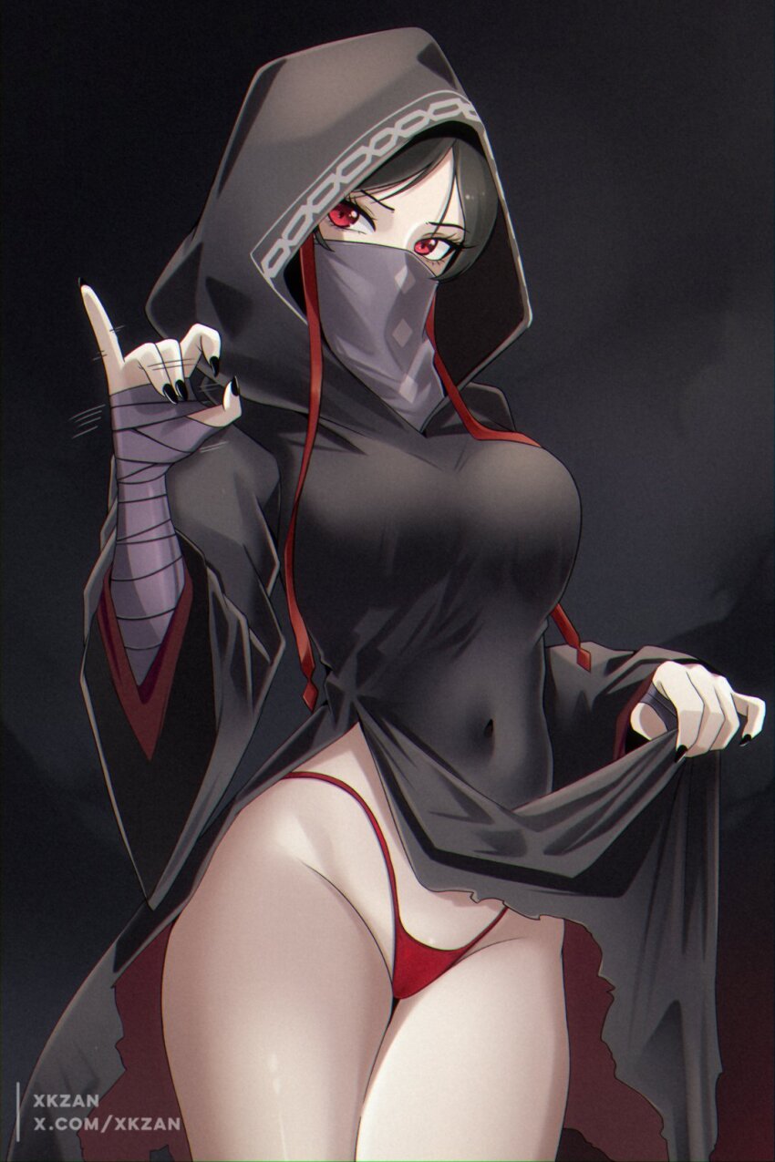 1girl, artist_name, bandaged_arm, bandages, black_background, black_cloak, black_hair, black_hood