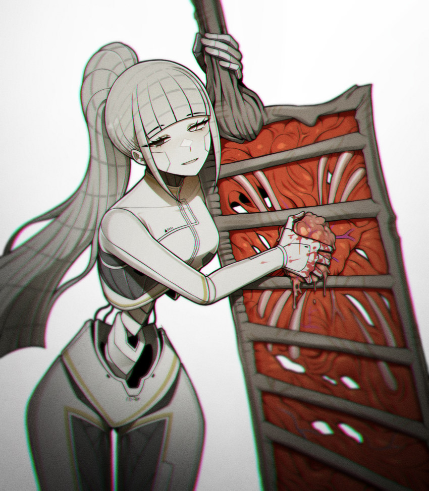 1girl, albina_(project_moon), blood, cable_hair, colored_skin, commentary_request, eyelashes, flesh, greatsword, grey_hair, grey_skin, heterochromia, high_ponytail, highres, holding, holding_sword, holding_weapon, korean_commentary, limbus_company, long_hair, looking_at_viewer, misg1111, open_mouth, organic_weapon, ponytail, project_moon, robot_girl, simple_background, smile, solo, standing, sword, very_long_hair, weapon, white_background