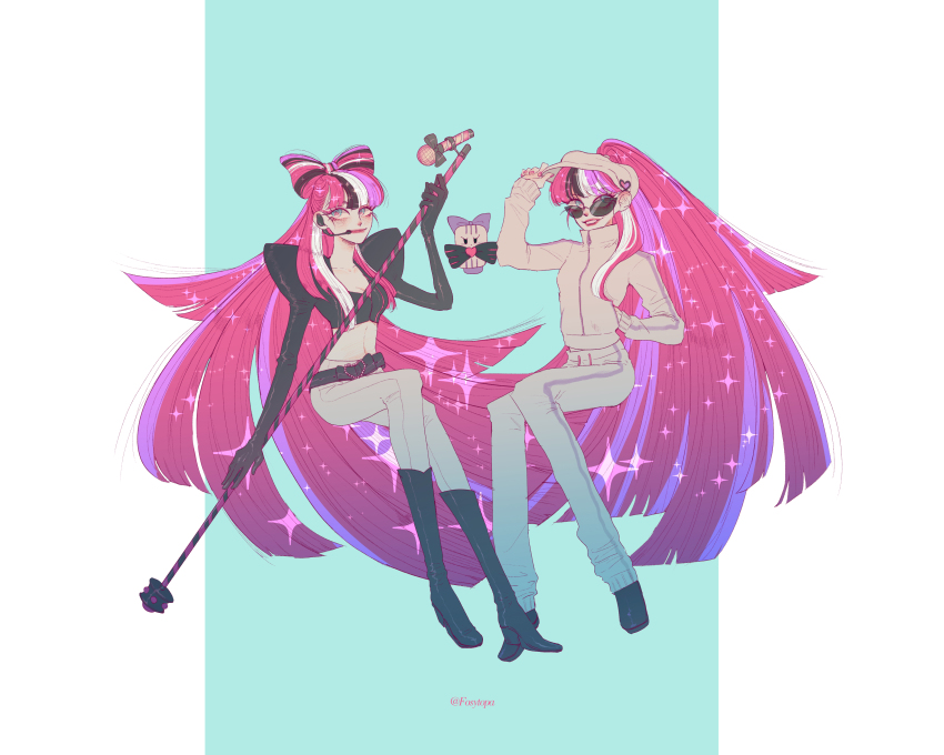 absurdres, belt, boots, bow, cookie_run, cookie_run:_ovenbreak, cropped_jacket, eyeshadow, fosytopa, glitter, glitter_in_hair, hair_bow, hair_ornament, hat, headset, highres, holding, holding_microphone_stand, jacket, long_hair, makeup, microphone, microphone_stand, multicolored_hair, navel, official_alternate_costume, pants, pink_hair, producer_mic, shining_glitter_cookie, shoes, smile, stomach, sunglasses, third-party_source